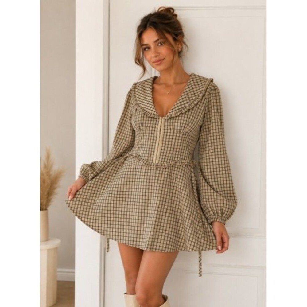 Bailey Rose Plaid Mini Dress Large Beige Black Ruffle Collar Long Sleeve Cottage